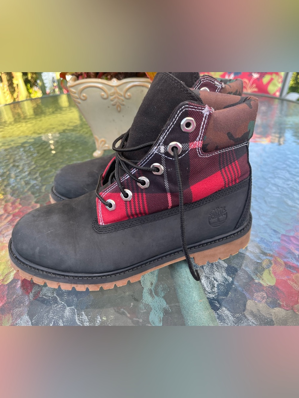 Timberland 6in Boots Black Nubuck Plaid Camo Youth Size 6 Big Kids Women’s 7.5